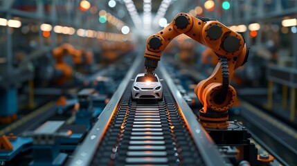 Fototapeta premium A conceptual image of a modern automobile factory featuring a miniature white car on the conveyor belt. The scene is dominated by orange robotic arms poised above the assembly line