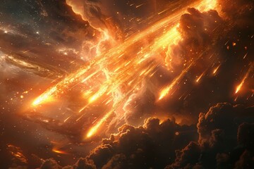 Fototapeta premium This image shows a magnificent meteor shower lighting up the night sky with fiery, streaking lights, creating a breathtaking visual display of cosmic beauty and grandeur.