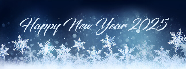 Horizontal winter banner design with snowflakes and greeting Happy New Year 2025