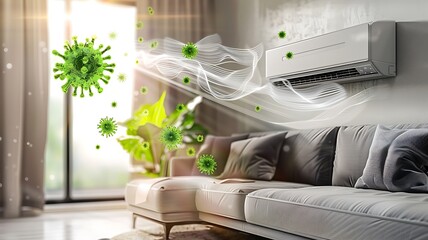 innovative features of a living room air conditioner equipped with advanced bacteria-clearing technology, where the symbolism of fresh air quality is represented by the removal of green bacteria