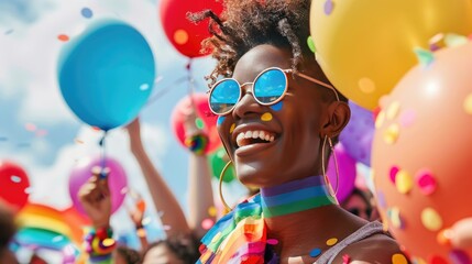 Festive mood at an LGBT parade as happy individuals in rainbow attire revel under a sky decorated with a flurry of colorful balloons