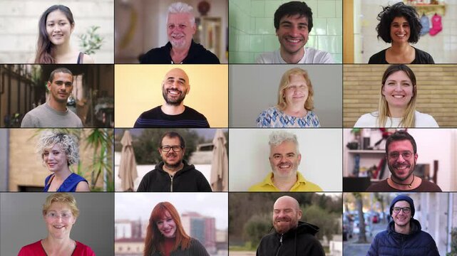 A multiscreen display of 16 smiling individuals from different ethnic backgrounds, predominantly Caucasians and Africans, highlighting the joy and beauty of cultural diversity.