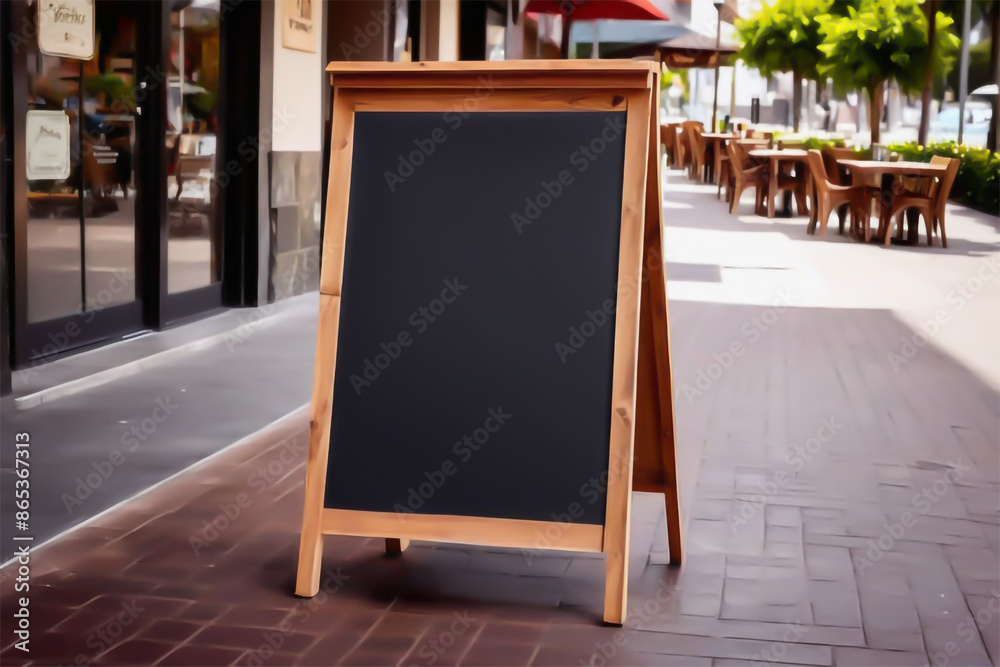 Wall mural empty wooden menu board in front of the coffee shop or restaurant in blurry background for mockup