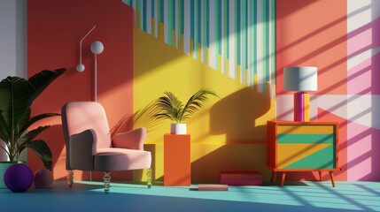 Vibrant Modern Interior with Colorful Geometric Patterns and Stylish Furniture in Sunlit Room.