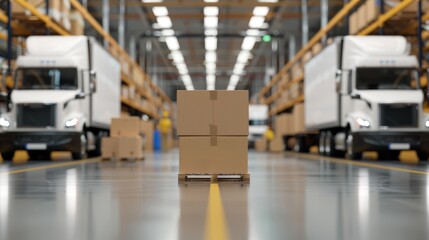 Busy distribution center, trucks of varying sizes parked and in motion, high realism and 8K clarity, workers handling freight, detailed warehouse interior with pallets and equipment