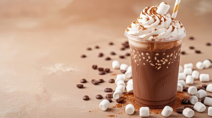 Chocolate iced coffee with whipped cream and marshmallows, perfect copy space, refreshing beverage concept