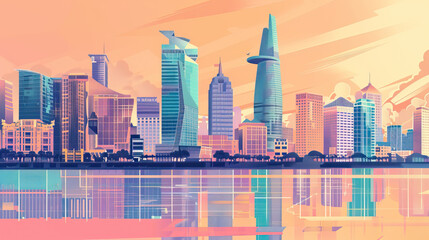 Fototapeta premium Risograph riso print travel poster, card, wallpaper or banner illustration, modern, isolated, clear and simple of Ho Chi Minh City, Vietnam. Artistic, screen printing, stencil digital duplication