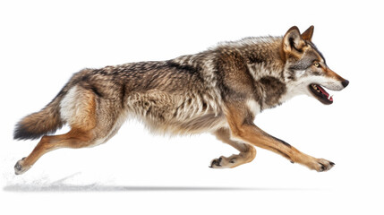 Obraz premium A hungry wolf is running, looking for food Isolated a white background