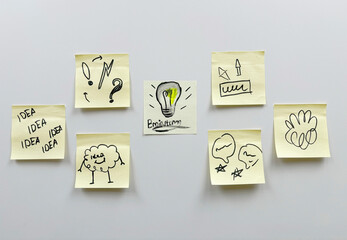 Brainstorm background. Ideas are depicted on sticky note paper. Teamwork. Idea. Solution. Task.