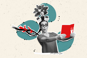 Composite photo collage of astonished girl geek hold herbarium book encyclopedia flower pot...