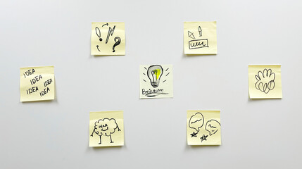 Brainstorm background. Ideas are depicted on sticky note paper. Teamwork. Idea. Solution. Task.