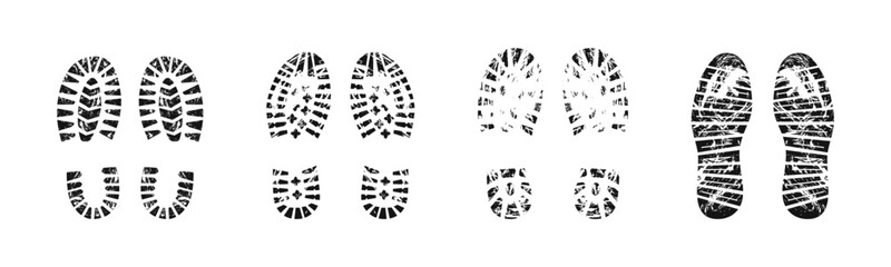 Boot grunge imprint vector set. Shoe grungy track silhouette collection.