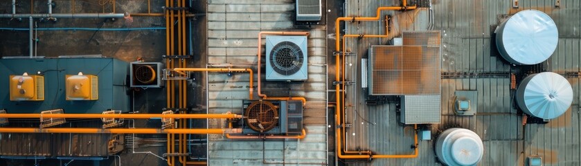  a flat shingle roof of an industrial building with various ventilation units and equipment