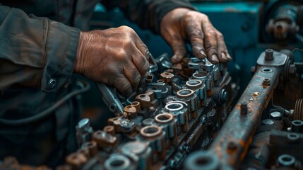 A mechanic's hands working on an engine, showing the use of tools and parts in car repair.