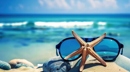 Obraz premium sunglasses and starfish on the beach