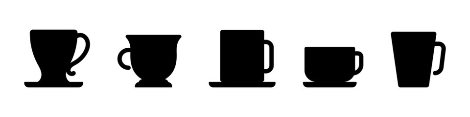 Cup black silhouette set. Coffe or tea cups vector icon collection.
