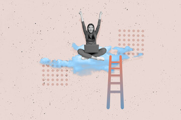 Composite photo collage of excited girl receive promotion climb career ladder sit cloud hold...