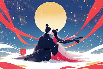 Weaver girl and cowherd together. Love and romance concept. Tanabata or Qixi Festival. Chinese Valentine’s day. Illustration for greeting card, banner, poster with copy space