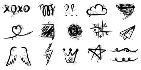 Street Graffiti Spray Paint Elements, Graffiti Doodle Elements Set, Scribble, Urban Style, Black Spray, Spots, Grunge Texture, Dirty Doodle Collection, Hand Drawing, Vector Illustration