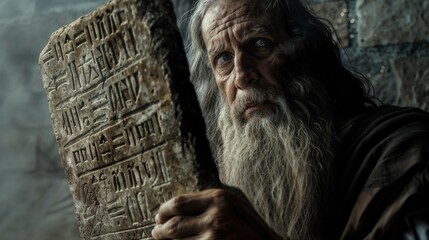 Prophet Moses holds the tablet with the ten commandments. The tablets contain a quote from the Bible, in Hebrew, translates