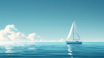 Obraz premium Minimal style depiction of a voyage with a lone sailboat on a calm sea. The clean lines and serene setting evoke a sense of exploration and tranquility.