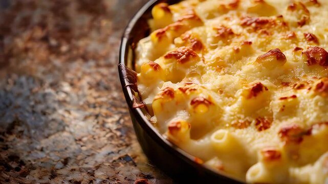 Baked mac and cheese with golden crust in dish