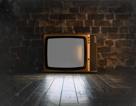 Retro CRT TV on Wooden Floor Against Brick Wall &ndash; Vintage Horror Style, Blank Screen Mockup