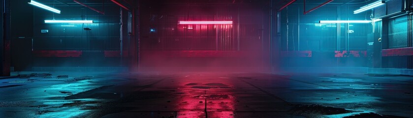 An empty dark scene with neon lights