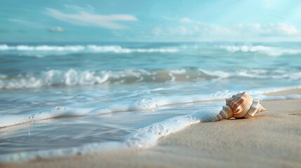 Clean, minimalist beach scene with a lone seashell and soft waves under a clear sky.