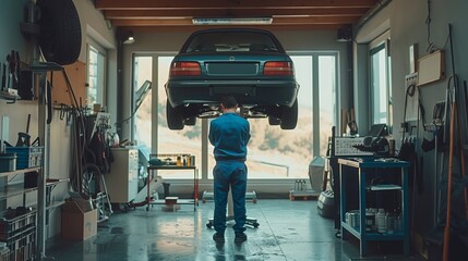 An auto mechanic in blue work is working on the car under his feet, holding tools and standing next to an open garage with large windows.