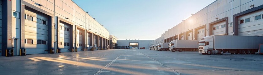 A panoramic view of a modern industrial warehouse with multiple loading docks and trucks parked, captured at sunset.