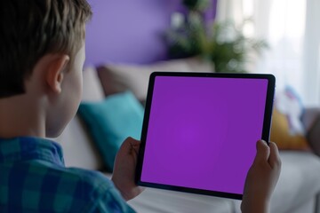 Ui mockup through a shoulder view of a boy holding a tablet with a fully purple screen