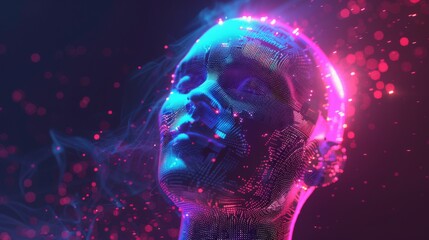 Artificial Intelligence and Virtual Reality concept. 3D human head made of pixels in neon holographic vivid colors on dark background. Vaporwave and Synthwave style illustration