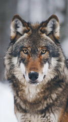 Obraz premium A beautiful, wolf with a brown and black coat stands in the snow