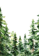 Obraz premium Watercolor green forest frame with pine trees isolated on white background, hand drawn border for wedding invitation card, white space in center of page
