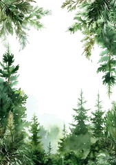Fototapeta premium Watercolor green forest frame with pine trees isolated on white background, hand drawn border for wedding invitation card, white space in center of page