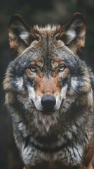 Obraz premium A calm wolf with a brown and black fur is staring at the camera