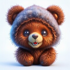 Cute little plush teddy bear with fur, wearing a hat, isolated on a white background