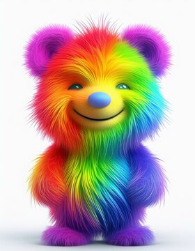 Cute little colorful plush teddy bear with fur, isolated on a white background