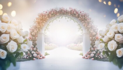 white blank copy space with arch frame of flowers and silk with a lovely light background