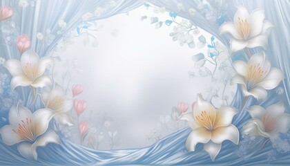 Obraz premium white blank copy space with frame of flowers and silk