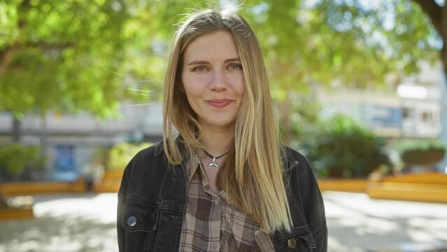 A young blonde woman smiles modestly in a serene park setting, conveying natural beauty and casual style.