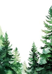 Obraz premium Watercolor green forest frame with pine trees isolated on white background, hand drawn border for wedding invitation card, white space in center of page