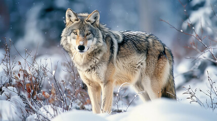 Obraz premium A wolf is standing in the snow, looking at the camera, resting