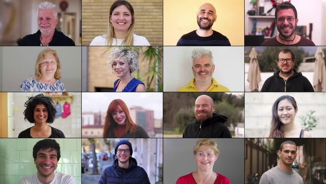 A multiscreen display featuring 16 smiling individuals from different ethnic backgrounds, including a majority of Caucasians and several Africans, radiating happiness and positivity.