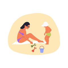 A young mother plays with her child on the beach while sitting on the sand. Summer vector illustration in flat style.
