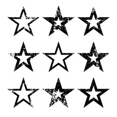 Obraz premium Vintage stars with cracks and stains. Old hand-drawn sign, black simple shape. Retro design element with distressed effect, grunge texture. Vector illustration
