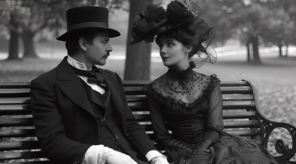 A man and a woman in the park, photo in the style of the late 19th early 20th century