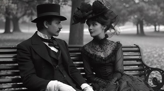 A man and a woman in the park, photo in the style of the late 19th early 20th century