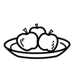 Three apple fruits on plate icon drawing illustration with black outline isolated on square white background. Simple flat black and white monochrome cartoon art styled drawing.